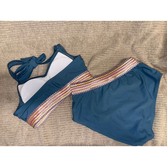 Teen Swimsuit Size 13-14 Blue Halter Neck Tie Contrast Woven Trim  2 Piece - Picture 5 of 6